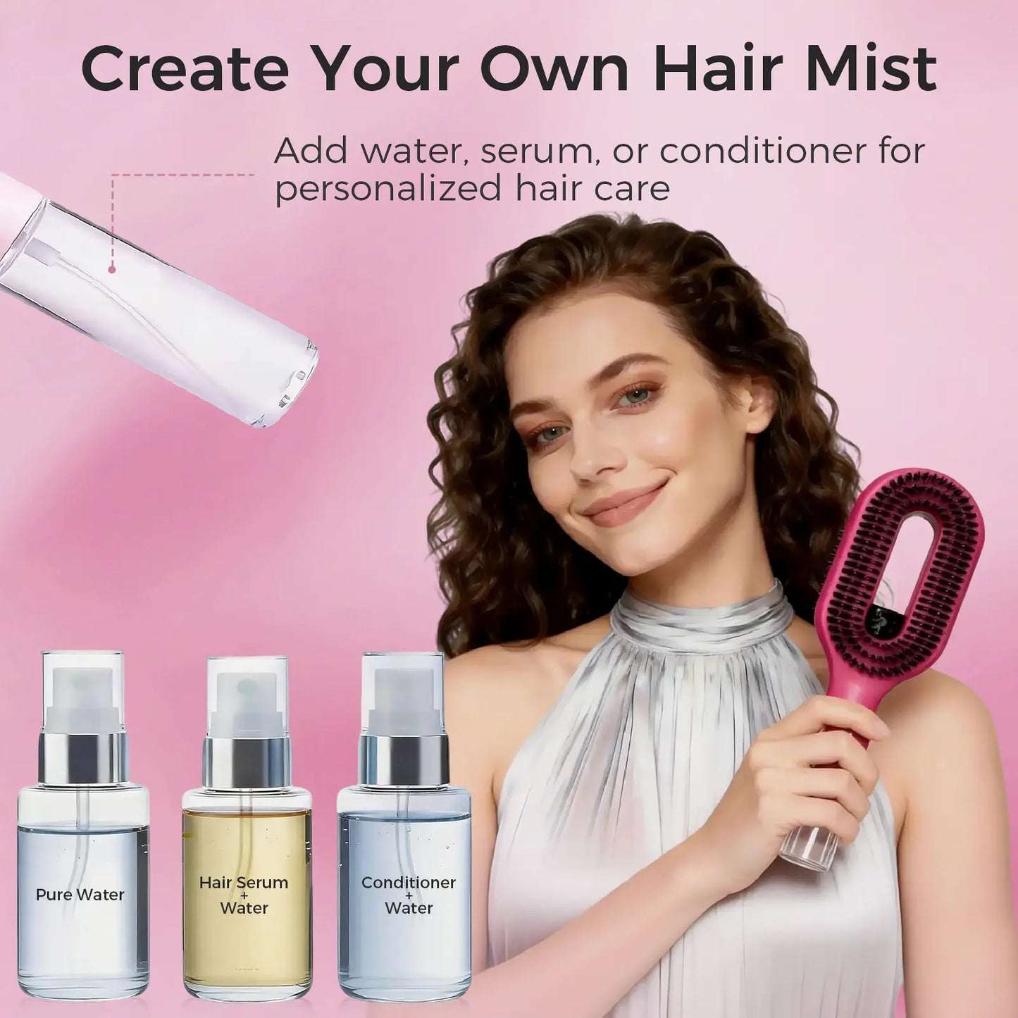 Labhairs 2-In-1 Mist Hair Brush Hot Pink Hydrate Smooth Detangle Control Frizz Non Tangled Bristles Easy to Use Spray Bottle