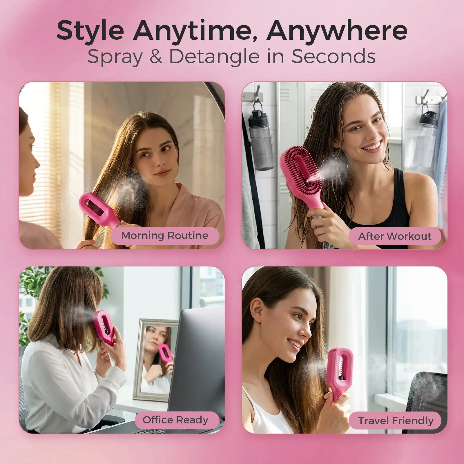 Labhairs 2-In-1 Mist Hair Brush Hot Pink Hydrate Smooth Detangle Control Frizz Non Tangled Bristles Easy to Use Spray Bottle