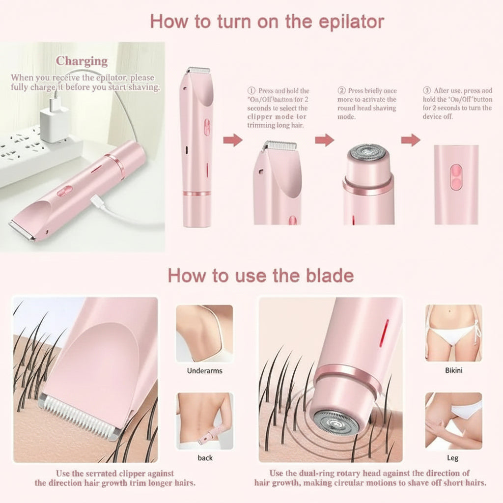 Electric Hair Trimmer, 1 Box Portable Electric Shaver with Rechargeable Hair Removal Dual Heads, Waterproof Hair Removal Tool for Underarm, Body, Facial, Bikini Shaver for Women, Electric Shaver Women, Cordless Multifunctional Hair Trimmer