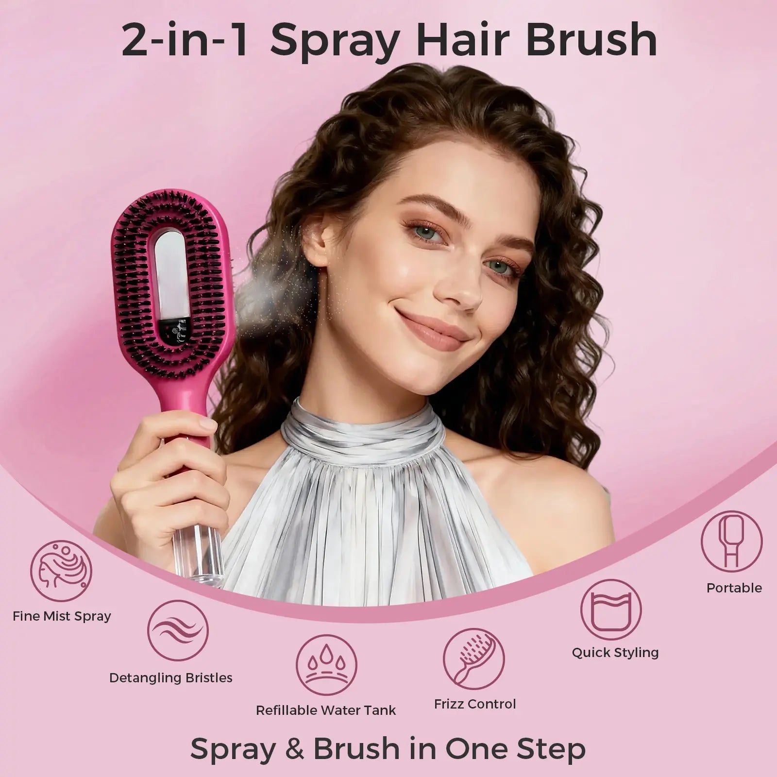 Labhairs 2-In-1 Mist Hair Brush Hot Pink Hydrate Smooth Detangle Control Frizz Non Tangled Bristles Easy to Use Spray Bottle