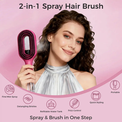 Labhairs 2-In-1 Mist Hair Brush Hot Pink Hydrate Smooth Detangle Control Frizz Non Tangled Bristles Easy to Use Spray Bottle