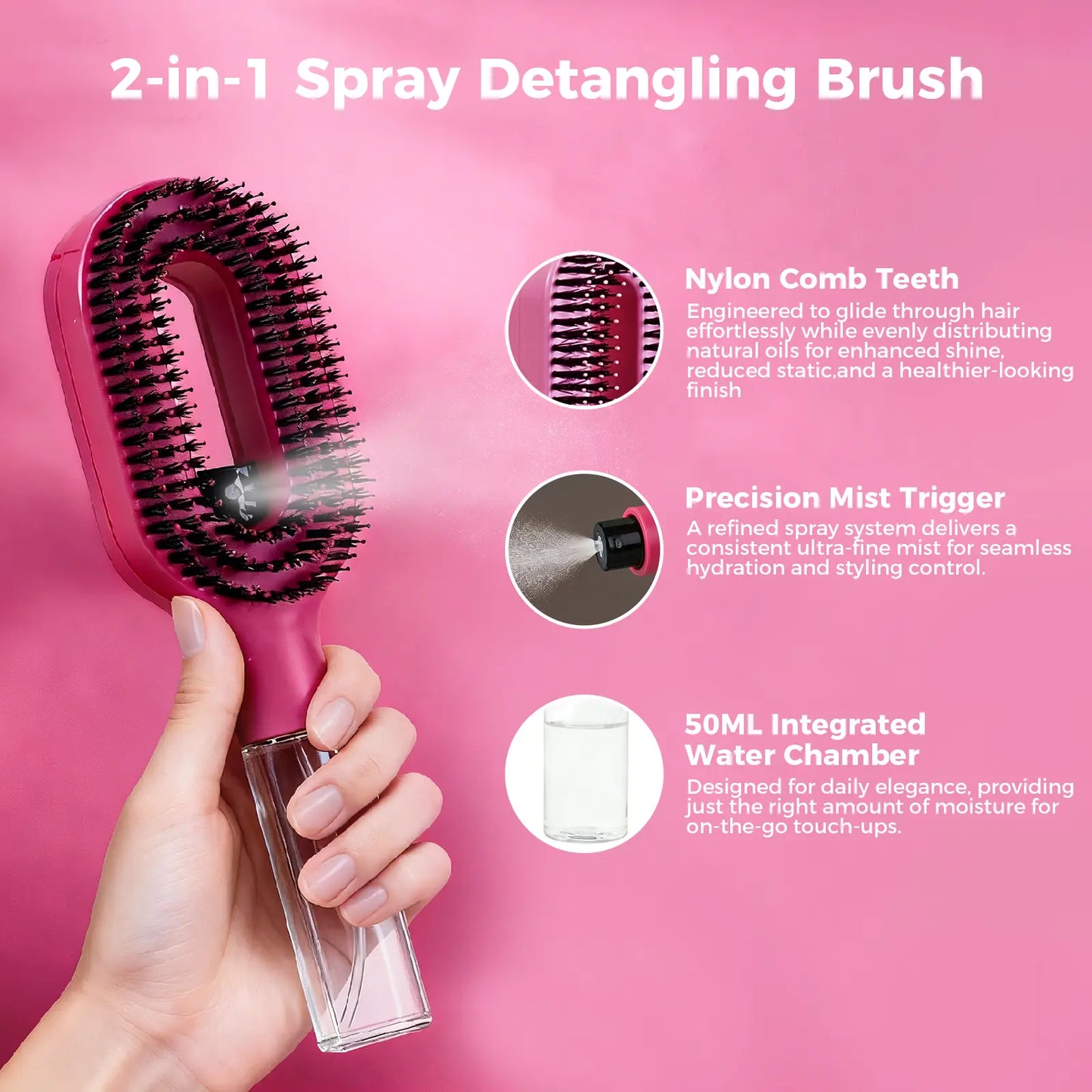 Labhairs 2-In-1 Mist Hair Brush Hot Pink Hydrate Smooth Detangle Control Frizz Non Tangled Bristles Easy to Use Spray Bottle